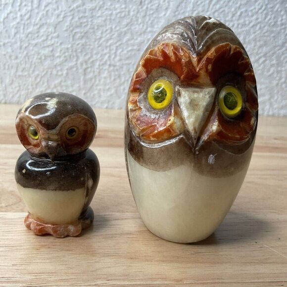 VTG 70's TYB Hand Carved Italian Alabaster 2 Owls Paperweight w/ Glass Eyes Flaw - Picture 1 of 15